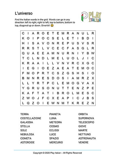 printable italian word search about the universe