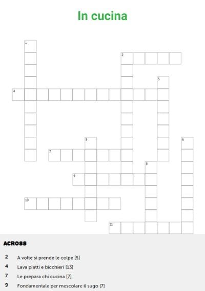 Italian crossword about the kitchen - in cucina