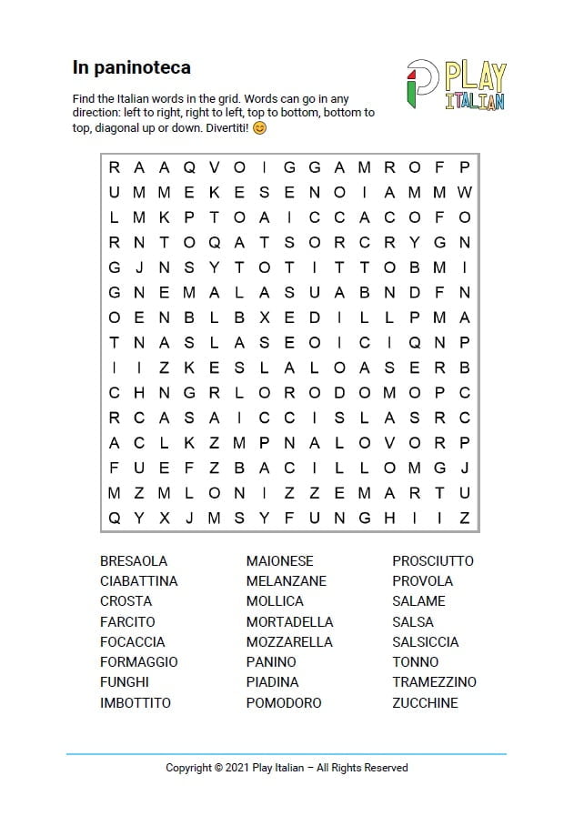 Italian Word Search on sandwiches, panini, ciabattes etc to be used in a bar or coffee shopw