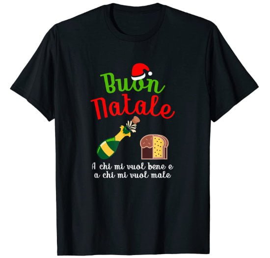 Christmas t-shirt for man, in black, featuring the text Merry Christmas in Italian