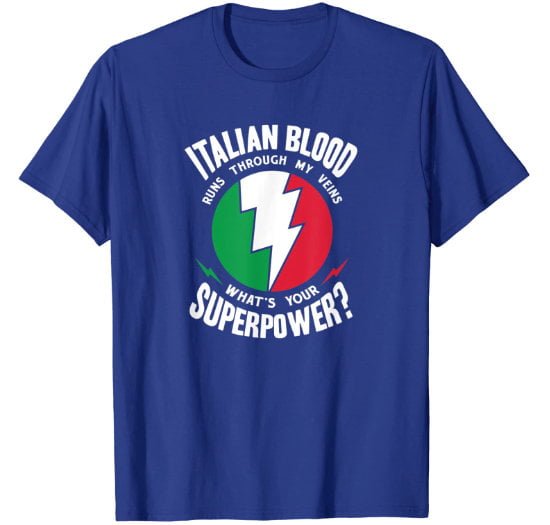 Man blue t-shirt featuring funny Italian text with Italy flag colors