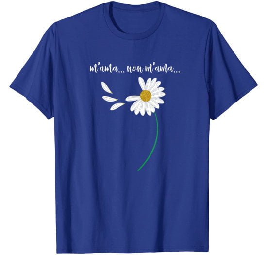 Blue t-shirt for man featuring the Italian text m'ama... non m'ama which means 'loves me... loves me not'