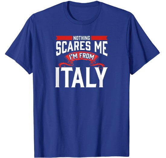 Flat blue man t-shirt with funny Italian origins quote