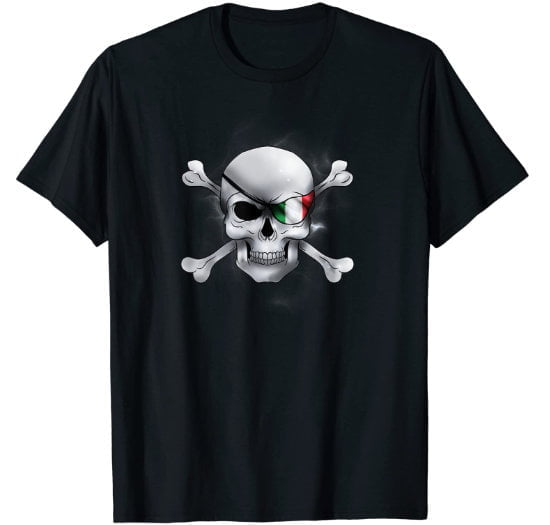 Cool black t-shirt with skull and crossbones and italian flag eye patch