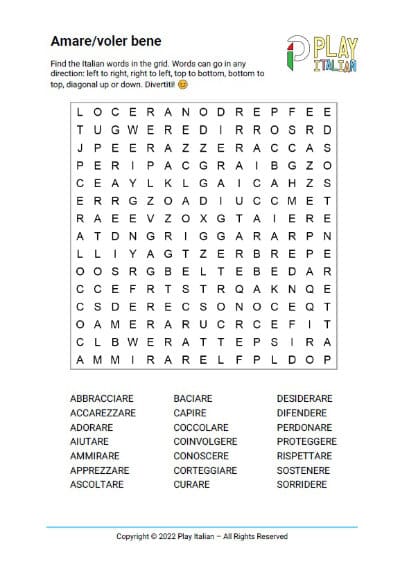 Printable Italian word search with words related to love, amore, caring for someone