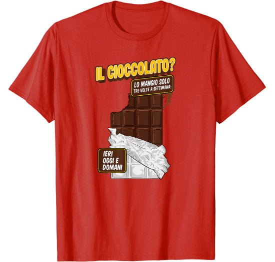 Funny red man t-shirt for chocoholic featuring Italian text