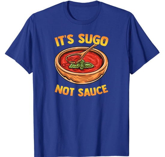 Cool man blue t-shirt featuring a bowl of Italian tomato sauce sugo
