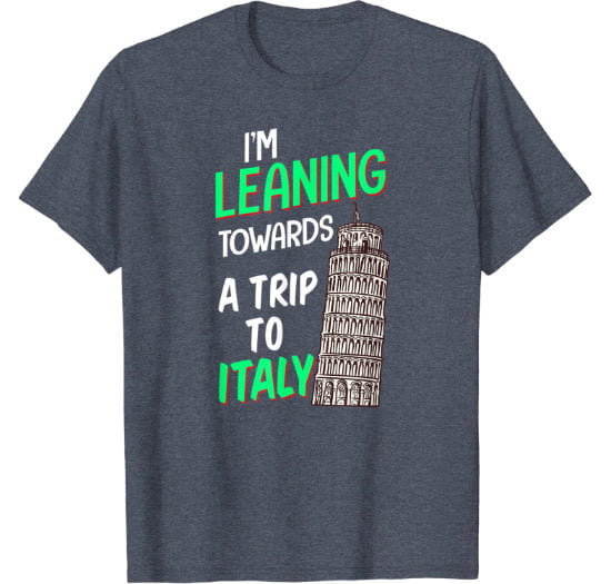 Heather blue man t-shirt for Italian vacation featuring the Tower of Pisa