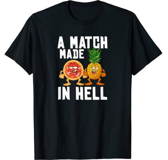 A funny black t-shirt featuring a pizza ready to fight against a pineapple