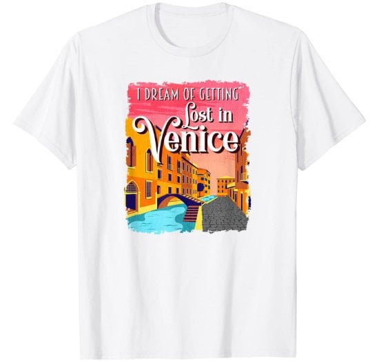 White t-shirt for man featuring a Venezia setting with canal, perfect for lovers of Venice