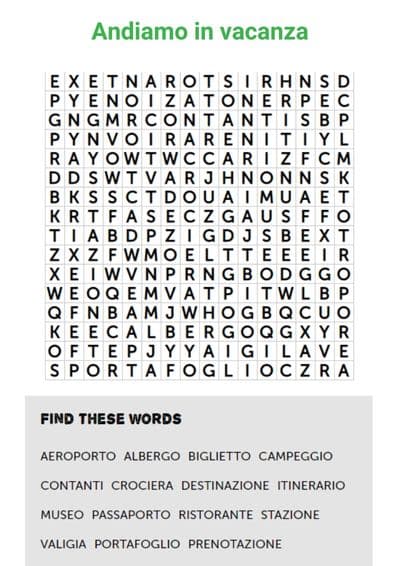 Italian word search about vacation and holidays