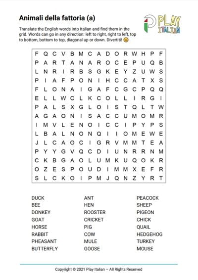Italian word search about farm animals