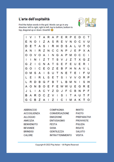 Italian Word Search about hospitality