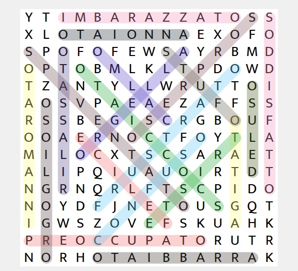 Completed word search puzzle showing all Italian mood and emotion words highlighted in the grid