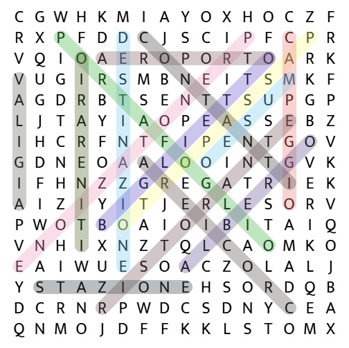 Solution to the Italian travel vocabulary word search puzzle