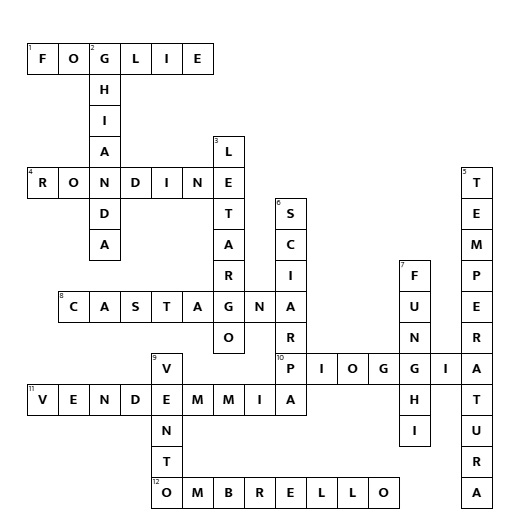 Completed Italian crossword grid for L’autunno with autumn vocabulary words