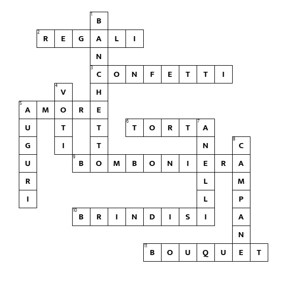 Completed Italian crossword grid for Oggi Sposi with wedding vocabulary words