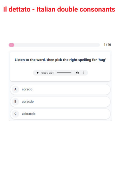 Interactive Il Dettato Italian double consonants spelling quiz with audio words