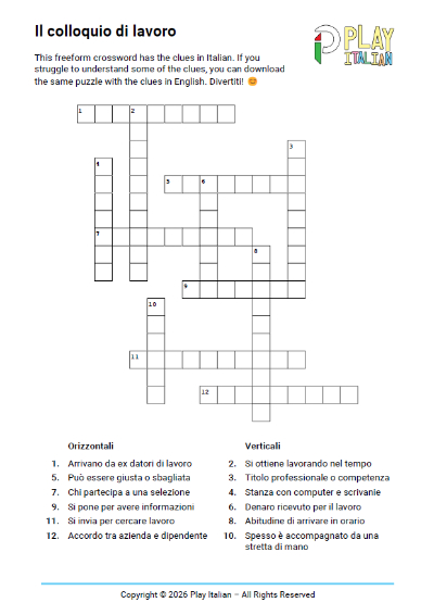 Preview of the printable Italian crossword "Il Colloquio di Lavoro", featuring job interview and workplace vocabulary.