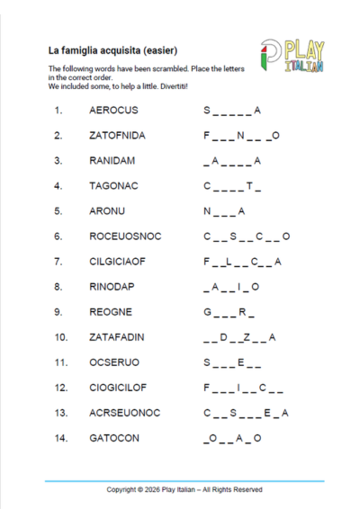 Preview of the printable Italian word scramble "La Famiglia Acquisita", featuring extended family relationship terms