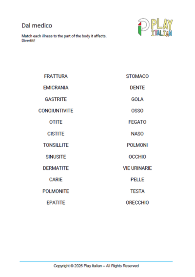 Preview of the printable Italian word match "Dal Medico", featuring common illnesses and the body parts they affect.
