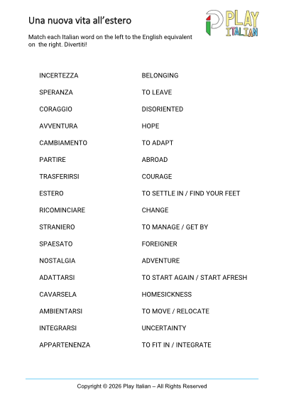 Preview of "Una nuova vita all’estero" printable Italian word match puzzle